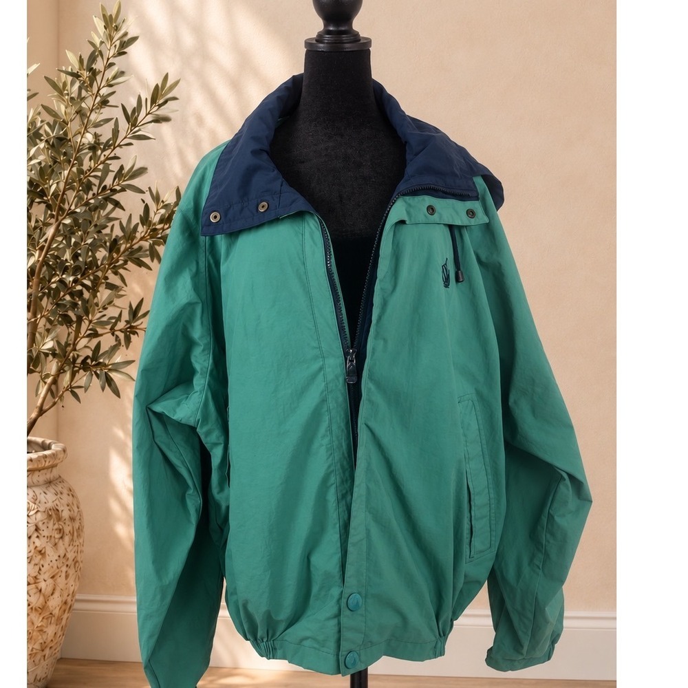 Nautica Vintage Sailing Jacket Mens XL Green Navy Blue Hooded Windbreaker